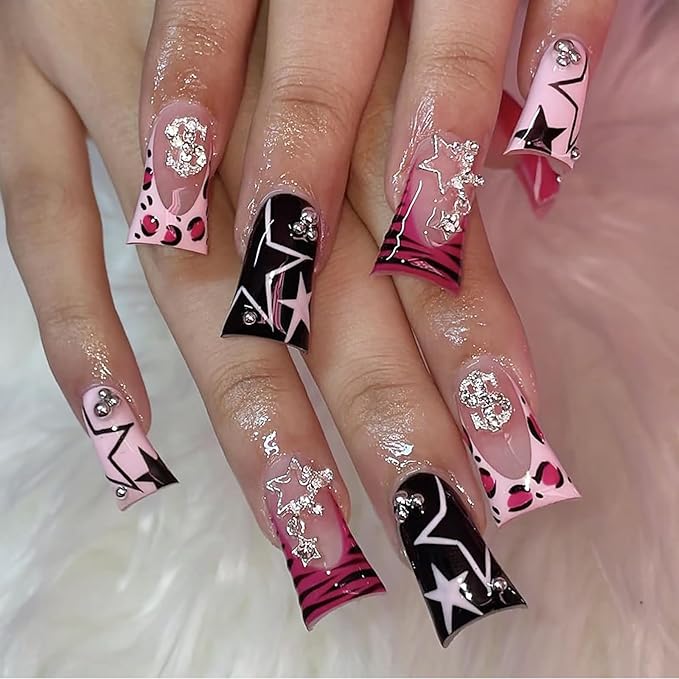Duck MABKJLF Handmade French Tip Fake Nails - Pink & Black Full Cover Star Dollar Charm False Nails with Designs - Y2K Glossy Glue on Acrylic Artificial Nails for Women & Girls