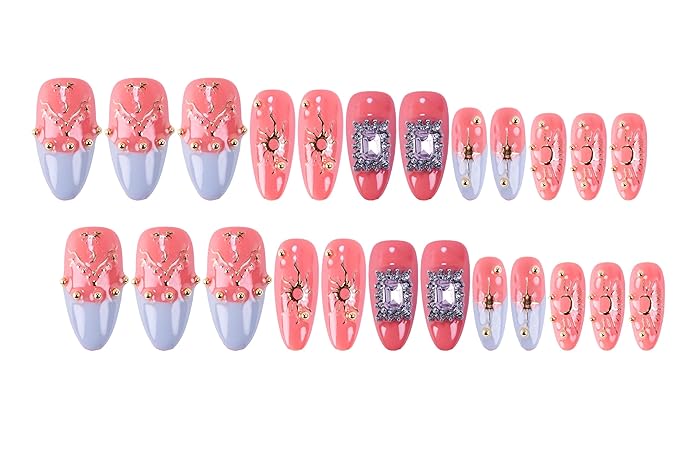 24Pcs Handmade Press on Nails, 3D Coral Pink Fake Nails with Medium Length Almond, Cute Blue French Tips Manicure Kit with Gold Lines for Women