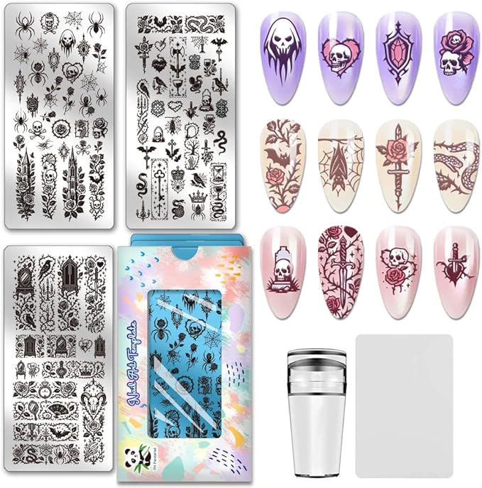 PH PandaHall 3pcs Dark Style Nail Stamping Plates, Gothic Spider Skull Nail Art Templates Spooky Snake Flower Stainless Steel Image Plate Art Stencils for DIY Print Manicures Salon Cosplay Party