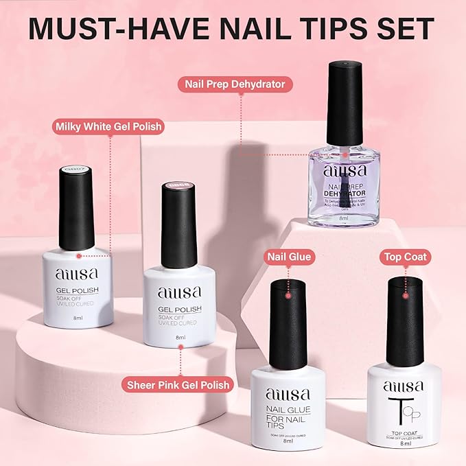 AILLSA Gel Nail Tips Kit Short Square Nail Tips 240pcs with 2 In 1 Nail Glue Base Coat and Nail Dehydrator, Nail Extension Kit with Nail Lamp Top Coat for Starters Home Salon