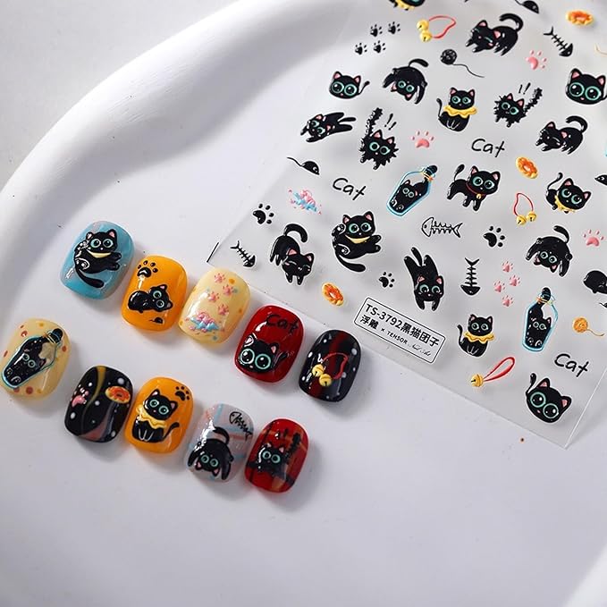 Dedyel 5D Embossed Cute Cat Nail Art Stickers Cartoon Kawaii Design Anime Self Adhesive Nail Stickers for Women Kids Girls Nails Art Decorations
