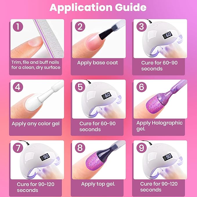 RARJSM Holographic Gel Nail Polish Set Summer Colors Glitter Gel Polishes Kit Rose Gold Hot Pink Red Violet Bright Purple 6PCS 7.5ML Curing Required Unicorn Mirror Laser Effect for Salon Home Manicure