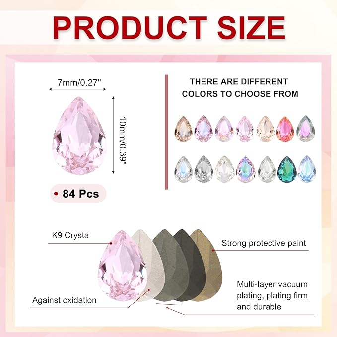 MECCANIXITY Teardrop Rhinestones 7x10mm, 84 Pcs Pointed Back K9 Glass Shiny Drop Shaped Rhinestones Crystal Gems for DIY Jewelry Making Crafts, Light Pink