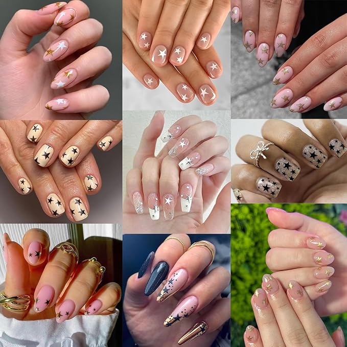 Star Nail Stickers 6Sheets Glitter Shiny Star Nail Art Supplies Black White Rose Gold Silver Nail Design Stickers Colorful Self-Adhesive Stars Nail Decals for Women Girl DIY French Manicure Decor Tips