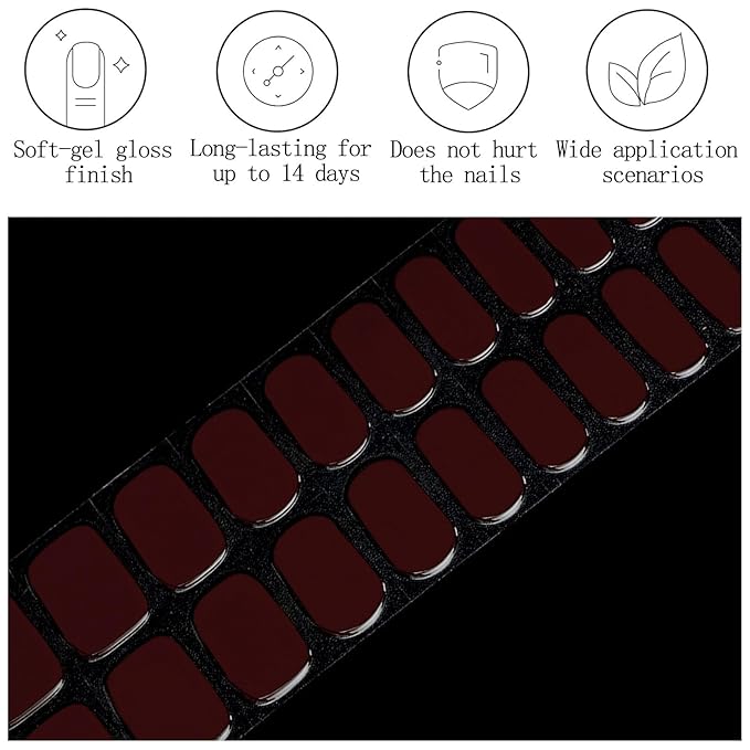 Burgundy Semi Cured Gel Nail Strips 20Pcs Gel Nail Stickers Polish Nails Wraps UV/LED Light Needed Full Gloss Nails Polish Strips for Women Includes Prep Pads, File, Wooden Cuticle Stick