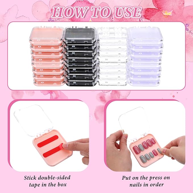 32 Pcs Press on Nail Boxes with 60pcs Double Sided Adhesive Tape, 4 Colors Press on Nail Packaging Boxes, Acrylic Press on Nail Storage Box, Nail Display Box, For Nail Business, Nail Art, Nail Salon