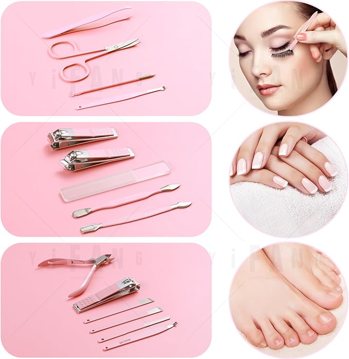 Manicure Set Pedicure Kit Nail Clippers Set Fingernail Clipper Set Ingrown Toenail Nail Kit Scissor Nail Trimmer Kit 15 Pieces Travel Nail Kit Care Grooming Tools with Fine Case Fine GIF (Pink_15in1)