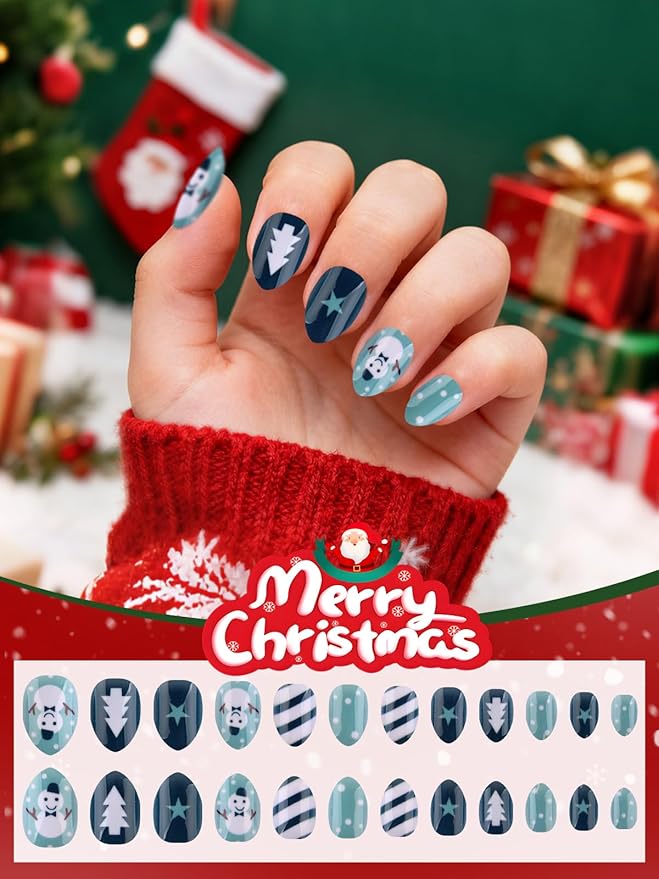 72PCS Christmas Kid Press on Nails, EBANKU 3 Pack Children Fake Nail Kit Snowman Snowflake Press on Nails for Girls 8-12 Years with Jelly Nail Adhesives & Nail Builder Glue