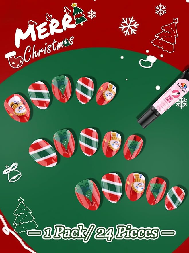 EBANKU Christmas 24 Pieces Press on Nails Kids, Christmas Tree Fake Nail Short Artificial False Nail Kits With Nail Tools for Girls