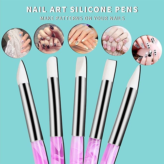 BQAN 5Pcs Nail Art Sculpture Pen, Silicone Nail Art Brushes for Gel, Acrylic Nails, Foil Carving, Drawing & Shaping, Nail Art Tools for Home Salon