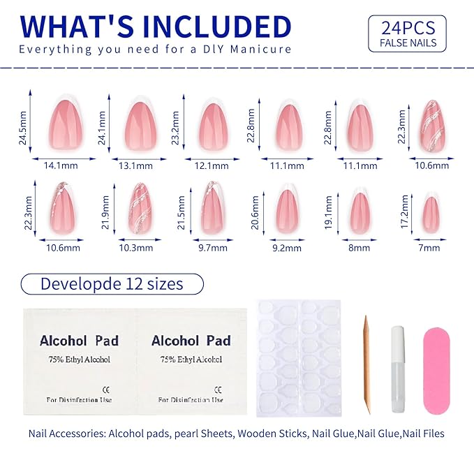 French Press On Nails Medium Short Almond, Nude Fake Nails with White French Tip and Minimalist Gold Line Design, Glossy Gel Finish Acrylic Nails, Natural Reusable Glue On Nails for Women, Luxe Line