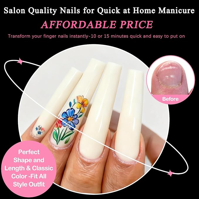 LoveOurHome 240pc Extra Long C Curve Nail Tips Natural Fake Nails, XL C Curve Acrylic Nail Tips Half Cover Curved Square False Nails, Extra Long Artificial Fingernail 12 Size for Nail Extension