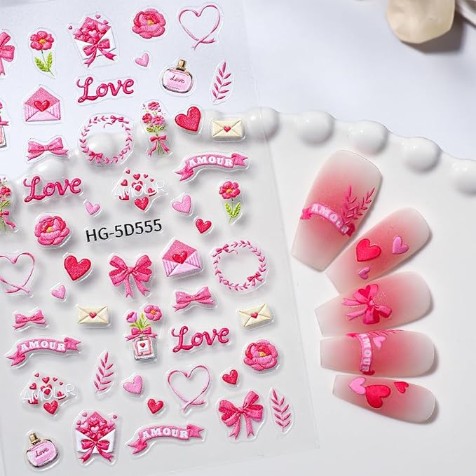 2Sheets 5D Valentines Nail Art Stickers Embossed Love Letter Rose Flower Design Cute Nail Decals Romantic Heart Nail Stickers Self Adhesive Wedding Nail Art Supplies Accessories for Women Manicure