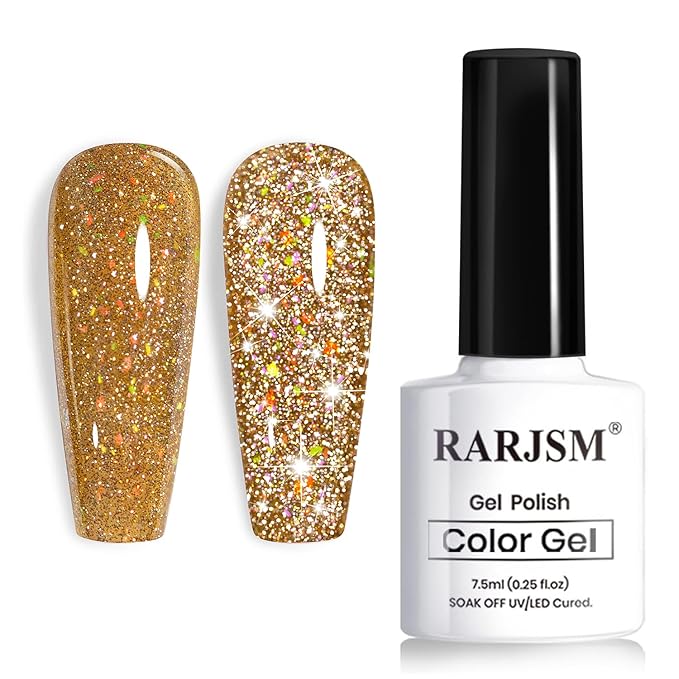 RARJSM Champagne Gold Reflective Glitter Gel Nail Polish Holographic Rainbow Iridescent Sparkle Flash Diamond Shimmer LED UV Soak Off Gelpolish Nail Art Manicure Salon DIY at Home 1pcs 7.5ml