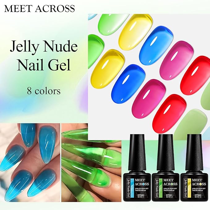 MEET ACROSS Neon Jelly Gel Nail Polish Nude Crystal Gel Polish Hot Pink Red Blue Purple Nail Art Manicure Gifts for Women 8 Colors