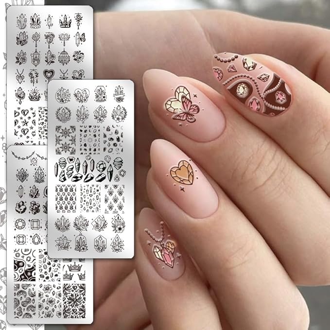 PH PandaHall 3pcs Crystals Nail Stamping Plates, Quartz Crystal Nail Art Templates Brilliant Crystal Stone Stainless Steel Image Plate Art Stencils with Tool for DIY Print Manicures Salon Design