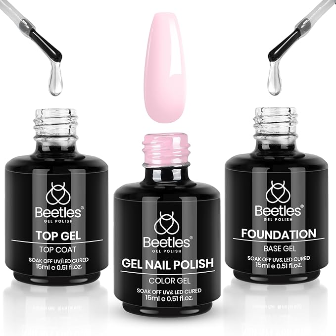 Beetles 3Pcs 15ml Pink Gel Nail Polish and No Wipe Gel Top Coat & Base Coat Set, Soak Off UV Lamp and Long Lasting Top Coat French Manicure Art Design Kit