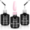 Beetles 3Pcs 15ml Pink Gel Nail Polish and No Wipe Gel Top Coat & Base Coat Set, Soak Off UV Lamp and Long Lasting Top Coat French Manicure Art Design Kit