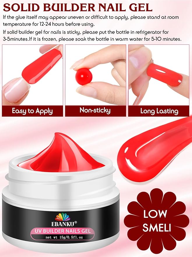 EBANKU Solid Builder Gel for Nails, 6 Colors Nail Extension Sculpture Gel for Nail, Valentines Red Green Gold Silver Glitter Non-Sticky Carving Modeling Nail Art