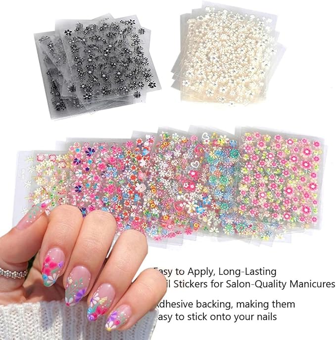 90 Sheets Flower Nail Art Stickers Decals 3D Self-Adhesive Daisy Cherry Blossoms Flower Nail Sticker Black White Colorful Floral Nails Supplies for Women Girls Manicure Decoration with Nail Tweezer