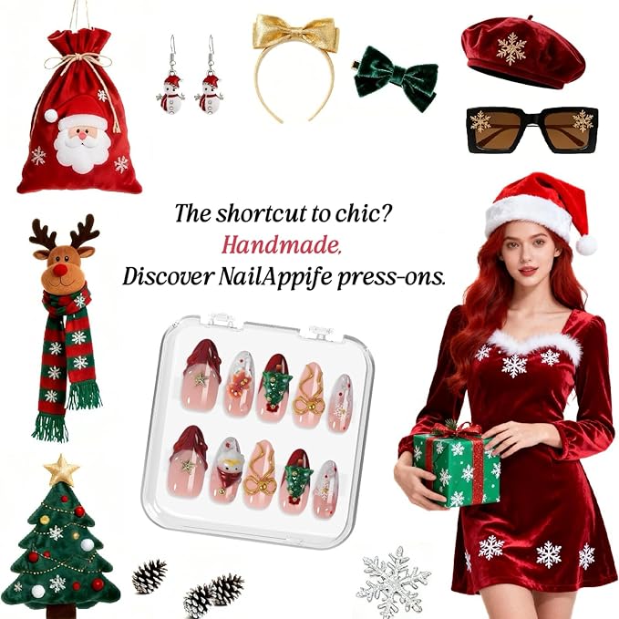 Cute Press On Nails, Handmade 3D Acrylic Fake Nails with Santa, Christmas Tree & Gingerbread Man, Red French Almond Reusable Holiday Nail Tips for Women