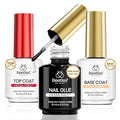Beetles 3Pcs 15ml HEMA-Free Nail Glue Top Coat & Base Gel Set, TPO Free No Wipe Top Coat Base Nail Glue Gel for False Nails, Shine Effect Long Lasting Nail Extension DIY Salon Home, U V Light Required