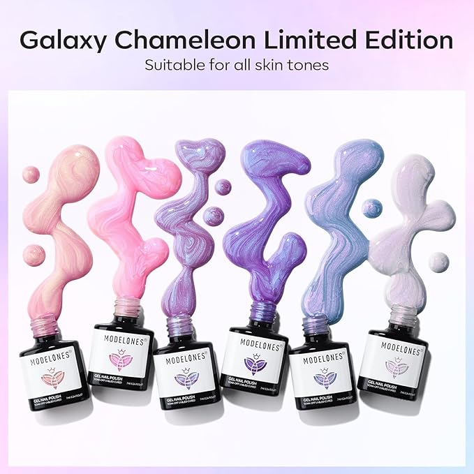Modelones Gel Nail Polish, 6 Colors 2026 Spring Pastel Shimmer Pearl White Pink Purple Mermaid Nail Drawing Glitter Gel Polish with Dotting Pen Soak Off LED Swirl Shell Thread Effect DIY Nail Art Gift