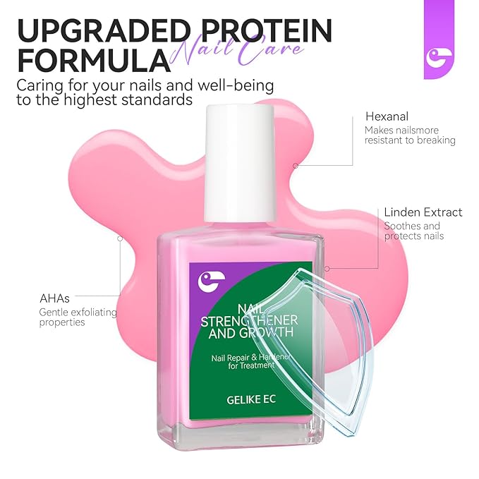 Nail Polish Strengthener and Growth Treatment: Pink Gelike EC 6 in 1 Natural Nail Hardener Extra Strong and Growth - Long Lasting Nail Repair for Damaged Nails - For Daily Work Home Salon