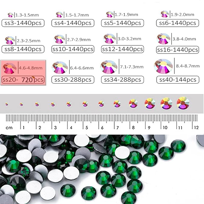 Dowarm 720Pieces SS20 Flatback Rhinestones, 4.8MM Glass Crystal Rhinestones for Craft Nails Dance Costumes, Flat Back Nail Crystals, Non Hotfix Rhinestones (SS20 / 4.8MM, Green/Emerald)