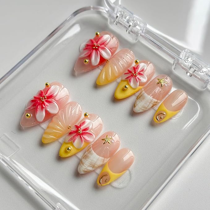 Luxury Press on Nails Medium Almond Handmade 3D Unique Reusable ABS Material Fake Nails French Tip Yellow False Nails with Designs Pink Flower Glossy Glue on Nail Thick Acrylic Nail(M)