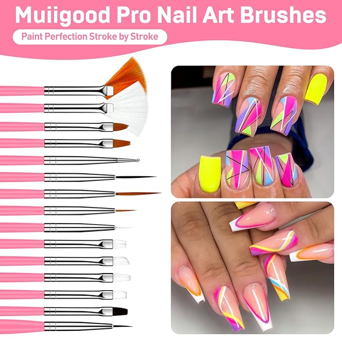 15pcs Pink Nail Art Brushes Set Nail Pen Designer Acrylic Nail Art Gel Painting Brushes Tool Dust Brush,Striping Brushes Dotting Tools for Long Lines Fan Brush Gel Polish Nail Art Supplies