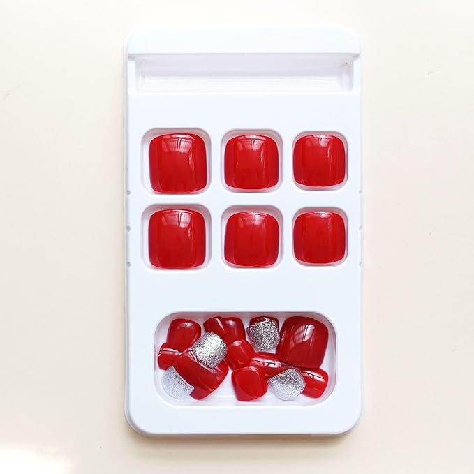 Red Press On Toenails Short Square Fake Toes with Design Silver Glitter Glue on Toe Nails Shiny Bling Summer False Toenails Reusable for Women Girls Foot Manicure 24pcs