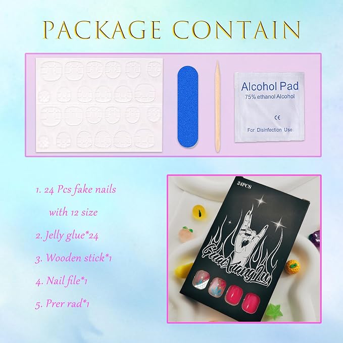 Short Press on Square Flower Fake Nails - Colorful Glue on Pink Flowers Acrylic Full Cover False Nails - Spring Petite Stick on Nails for Women Girls - 24 Pcs