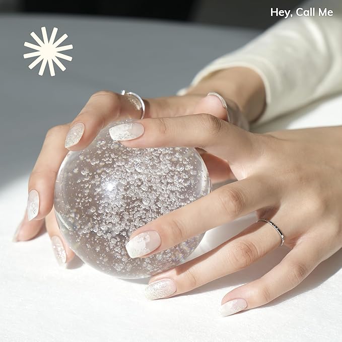 Heyhae Semi Cured Gel Nail Strips | No LED Lamp Needed | Glitter, White, Spring | Easy Apply & Remove, Salon Quality | Includes 28 Strips, 1 Prep Pads, Nail File & Wooden Stick - Hey, Call Me