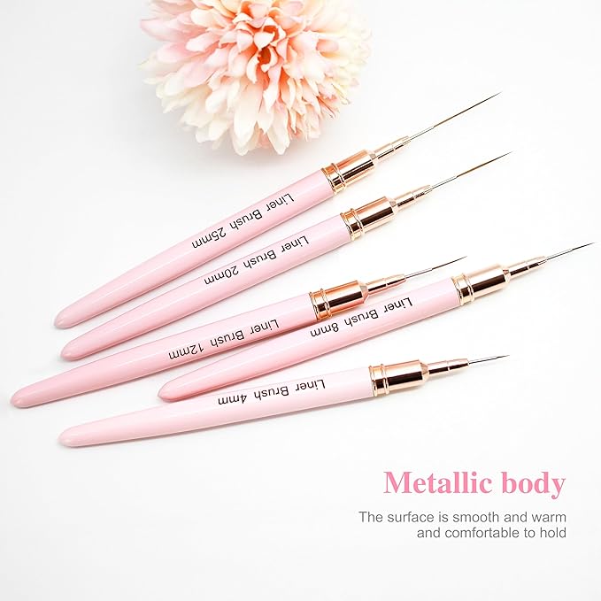 5Pcs Premium Nail Art Brushes Kit - Slim Detail/Dotting/Liner Tools for Acrylic, Gel & Designs (4/8/12/20/25mm) - Salon Quality Pink Set