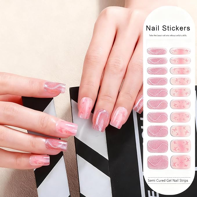 WOKOTO 1 Sheets Butterfly & Cat Eye Design Semi Cured Gel Nail Strips With Nail File & Wooden Stick For Women, 20 Tips Semi Cured Gel Nails Polish Stickers Strips UV Full Nail Wraps Stick On Nails