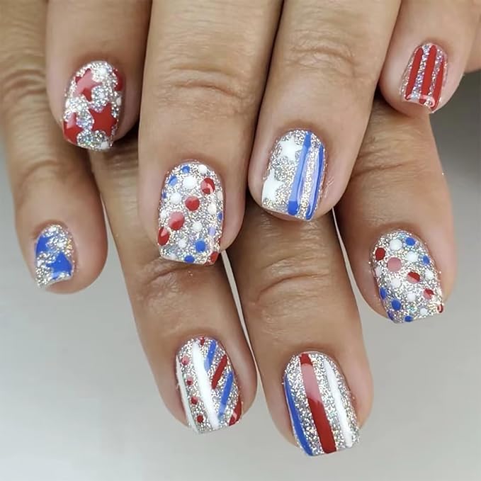 4th of July Press on Nails Short Square Sliver Glitter Fake Nails Full Cover Tricolor False Nails with Star Designs America Flag Acrylic Nails Glossy Glue on Nails Artificial Nails for Women Girls
