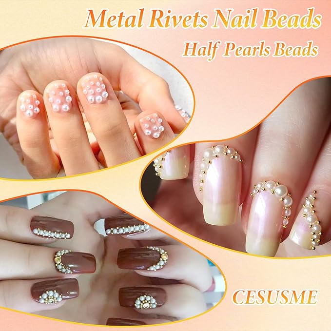 Caviar Beads for Nails, Gold White Pearls Nail Beads Charms, Mix Size Nail Caviar Beads Half Flatback Pearls for Nail, Nail Beads Charms for Nails Design DIY Crafts Accessories