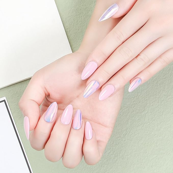 Acrylic Press On Nails Almond - Iridescent Pink Glow False Nails Elegant Durable Salon Quality for Work or Date, 24 Nails in 12 Sizes with Glue, Tabs, File, Prep Pad, Stick