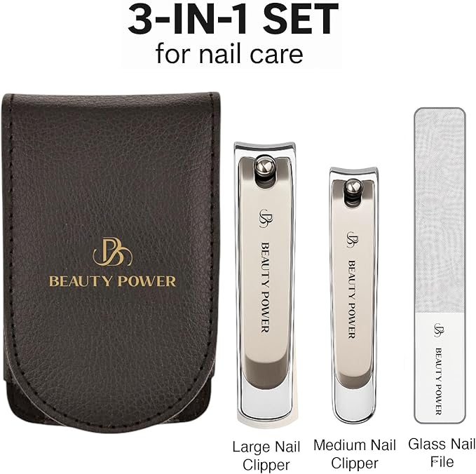Nail Clippers Set 3 in 1 - Stainless Steel Toe Nail Clippers, Fingernail Clipper, Glass Nail File, Anti Splash, Ergonomic Grip in PU Leather Travel Case for Men & Women - Valentine's Gift