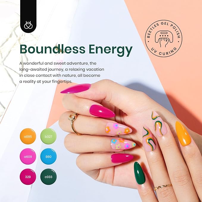 beetles Spring Gel Polish Set - 6 Color Gel Nail Polish Hot Pink Green Blue Orange Rainbow Boundless Energy Collection Holiday Nail Art Design Soak Off Uv LED Manicure DIY Home