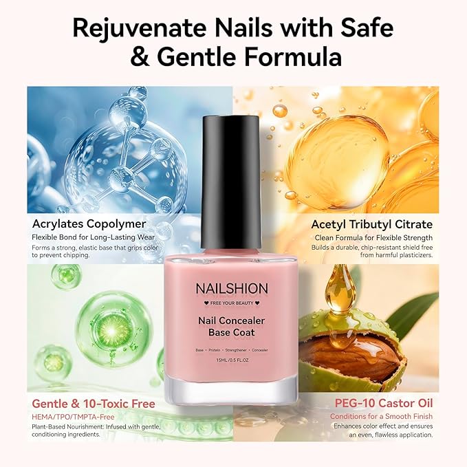 Illuminating Nail Concealer 4-in-1 Base Coat Ridge Filler Sheer Nail Polish & Strengthener for Discolored or Damged Yellowing Nails, Natural Nails Foundation Perfector, 15-free, Air Dry