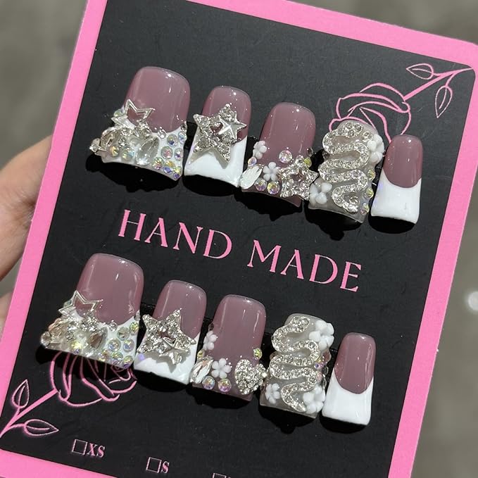 Handmade Press on Nails Rhinestones Snake False Nails Short Duck Shaped Fake Nails White French Acrylic Nails Full Cover Reusable Love Heart Rhinestones Fake Nails for Women Girls Accessories (Size M)