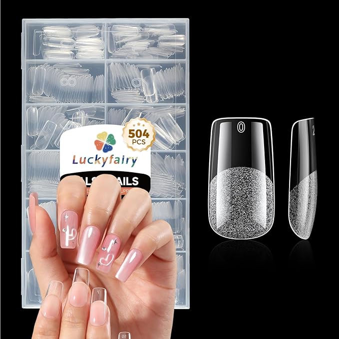 Medium Square Nail Tips: 504pcs Tri-Layer Core Square Press on Nails, 12 Sizes Pre-Etched Gel Nail Tips Clear Full Cover Fake Nails Salon Home DIY Extension for Flat & Natural Nail Beds