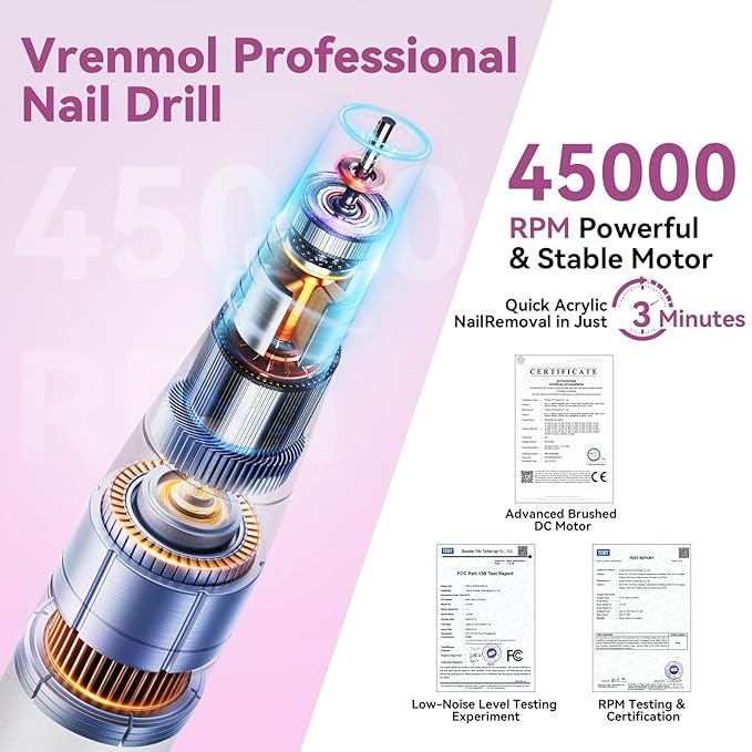 Vrenmol Electric Nail Drill Professional 45000RPM: Rechargeable Nail Drill Kit Portable Electric Nail File with Complete Bits for Acrylic Nails Gel Polishing Removing 2000mAh Nail Drill Machine Salons