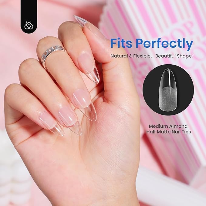 Beetles 12 Sizes Gel Nail Tips 504Pcs Pre Filed Half Matte Medium Almond Full Cover Etch Nail Tips False Fake Clear Acrylic Press on Nails for DIY Nail Extension and Salon Use