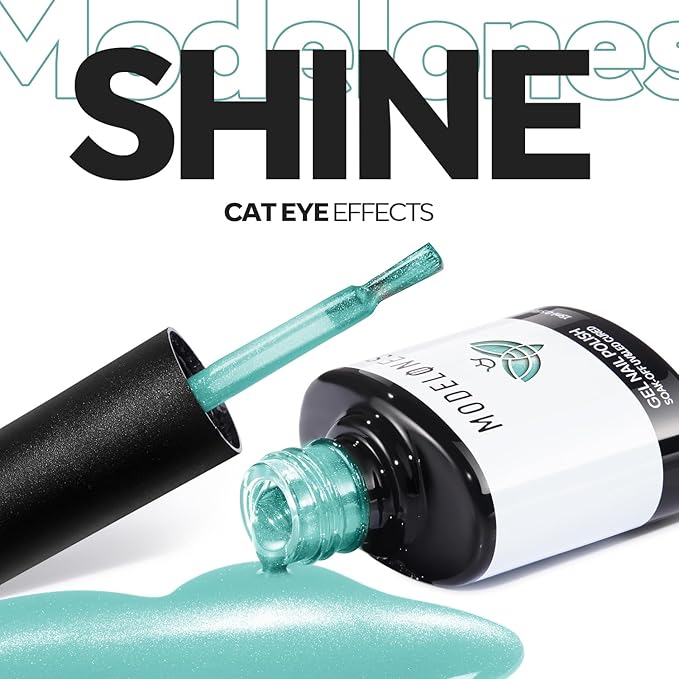 modelones Green Cat Eye Gel Nail Polish Blue Turquoise Gel Polish Jelly Glass with Magnet Holographic Glitter Shimmer Translucent Sheer Color Magnetic Nail Polish 15 ML