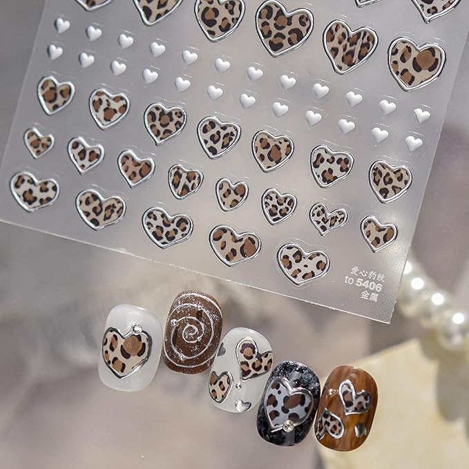 Heart Nail Stickers for Nail Art, Leopard Print Nail Decals for Valentine's Day - Retro Heart with Silver Border Design Nail Art Supplies 5D Embossed for Women Holiday Manicure Decoration Accessories