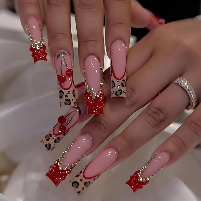 Long Press on Nails Square Red Cherry Stick on Nail for Women 24pcs