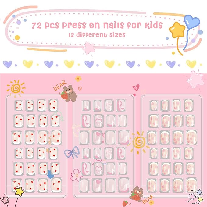 Laza 72pcs Children Nails Press On Pre-glue Full Cover Red Pink Heart Flower Short False Nail Kits for Kids Teenager Girls - French Love